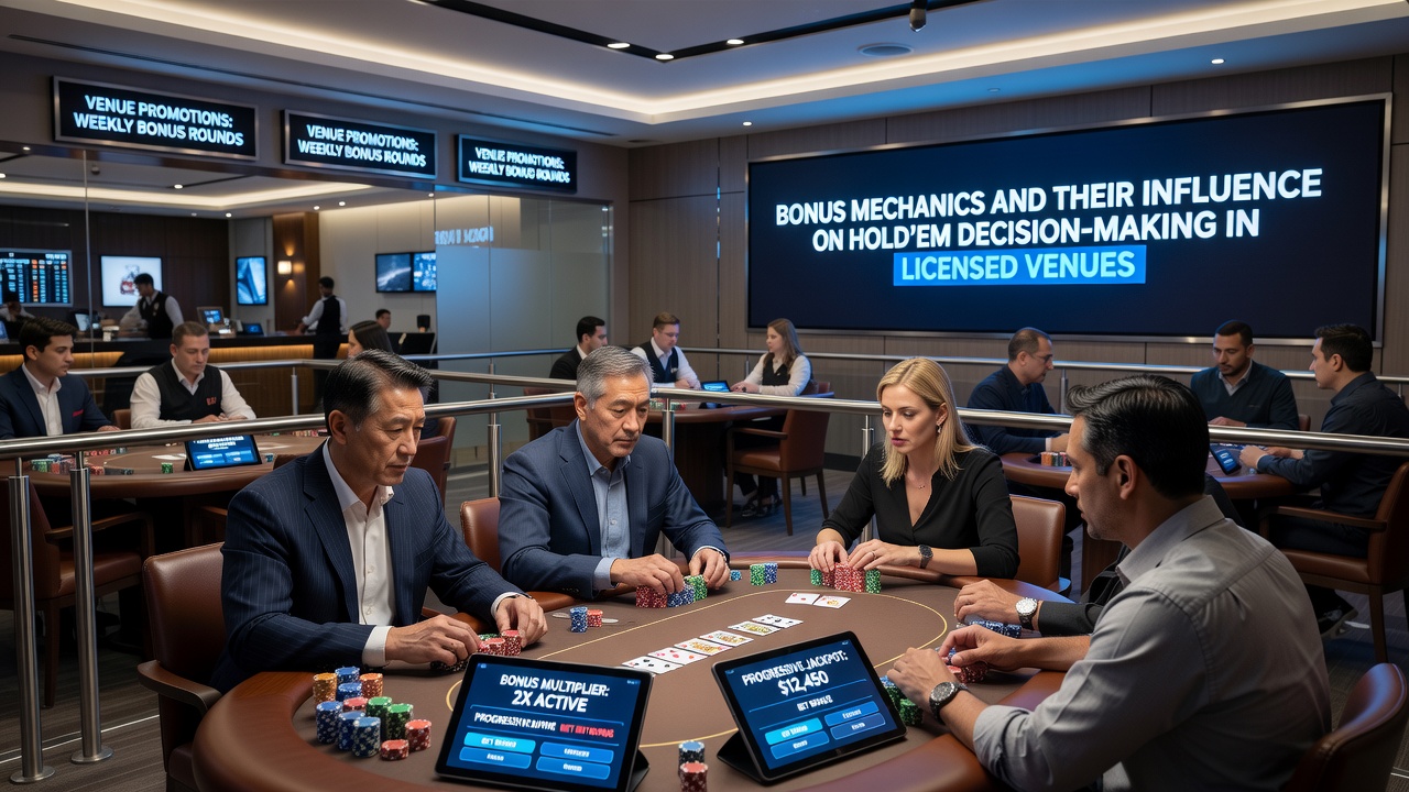 Close-up of poker chips and cards on a felt table in a regulated casino setting with promotional signage visible