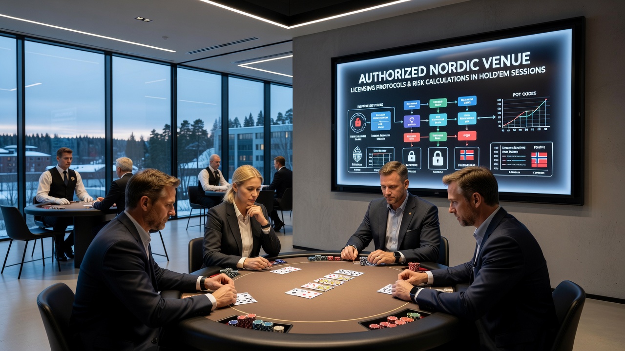 Close-up of poker chips and cards at a regulated Nordic hold'em table with compliance displays
