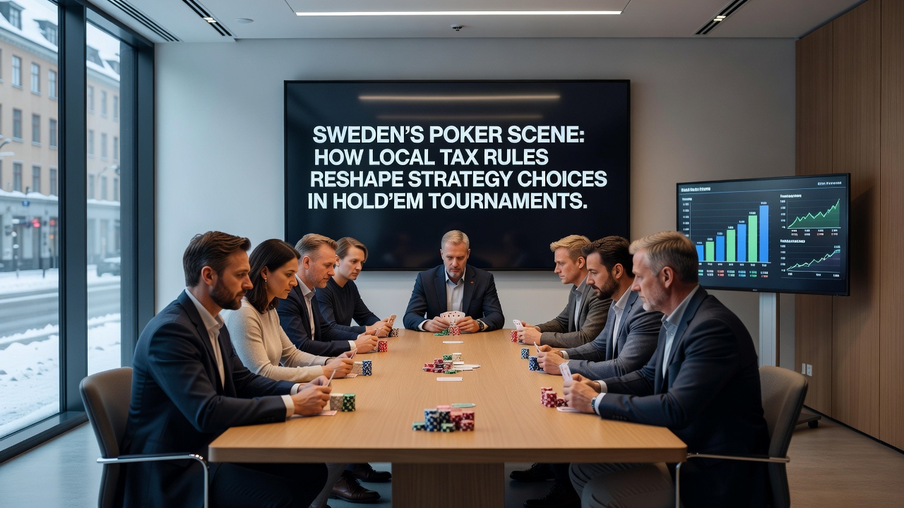 Hold'em tournament action at a Swedish casino with chips and cards in focus